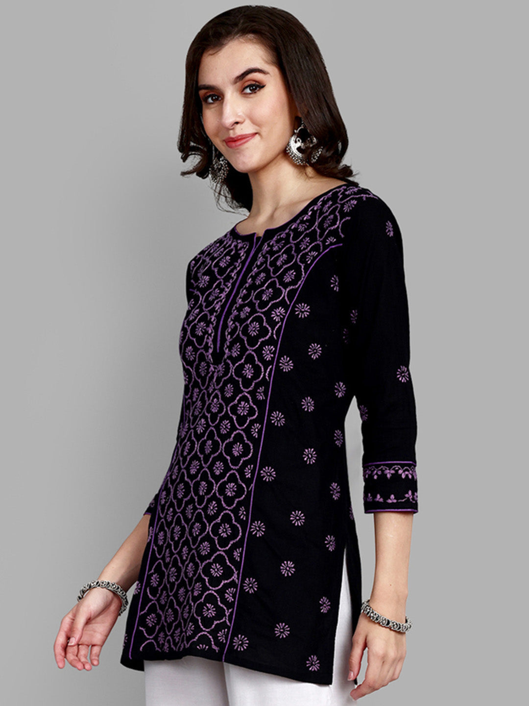 Black & Mauve Cotton Chikankari Tunic Kurti