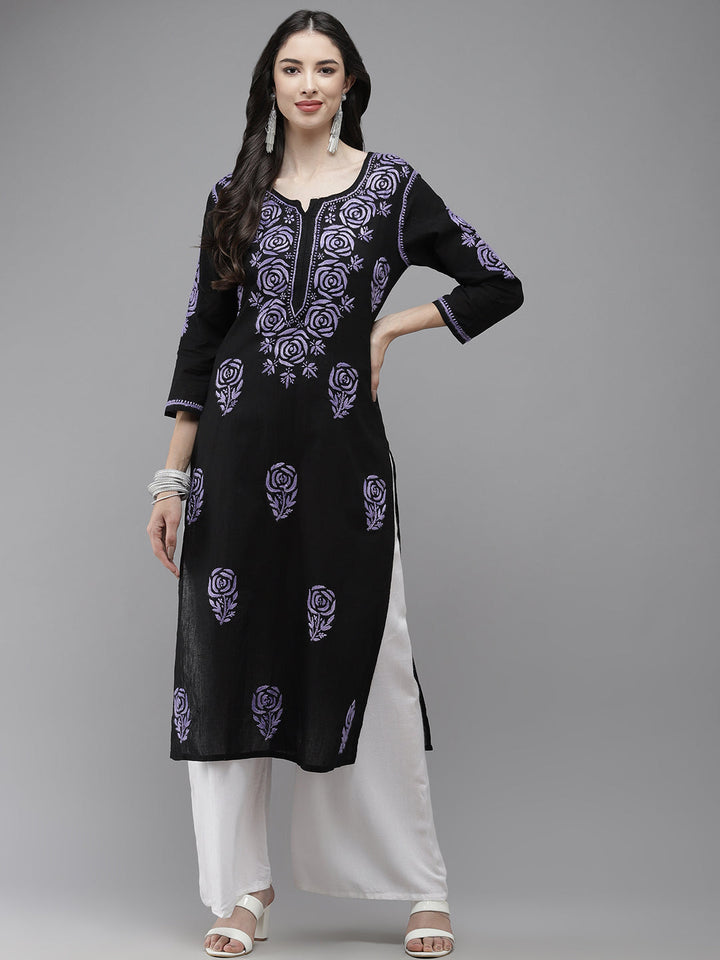 Black & Mauve Embroidered Chikankari Cotton Kurta