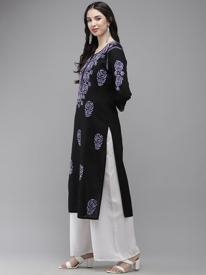 Black & Mauve Embroidered Chikankari Cotton Kurta