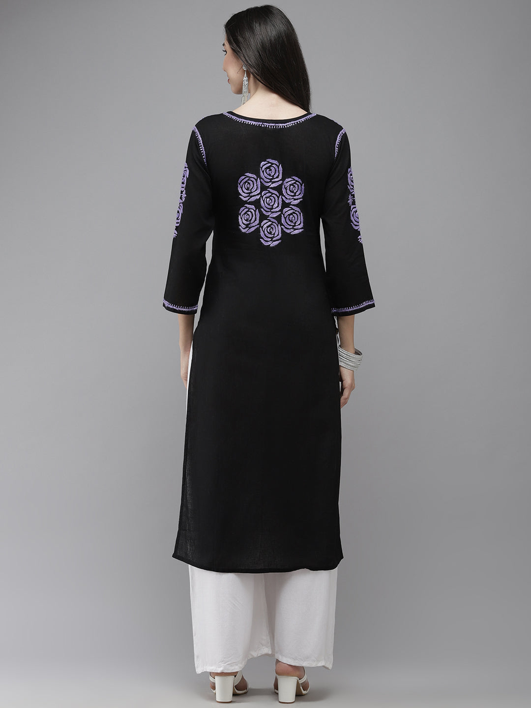 Black & Mauve Embroidered Chikankari Cotton Kurta