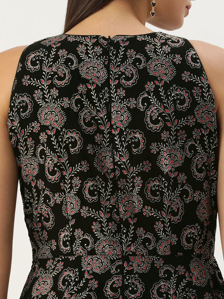 Black & Mauve Foil Print Georgette Halter Neck Gown
