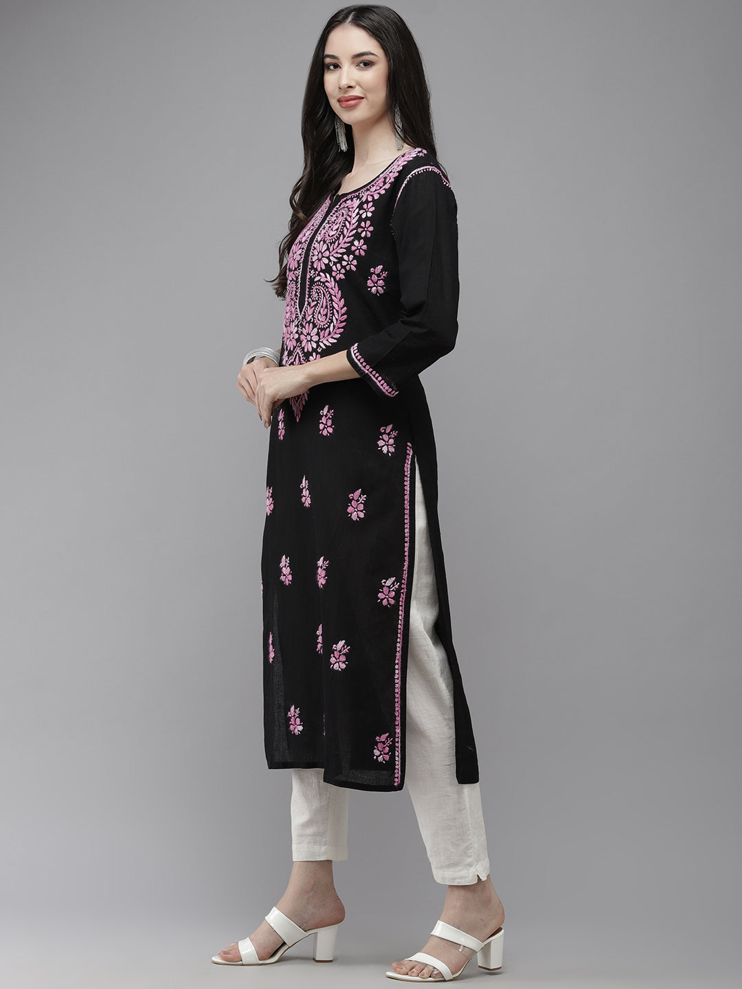 Black &amp; Mauve Hand Embroidered Chikankari Cotton Kurta