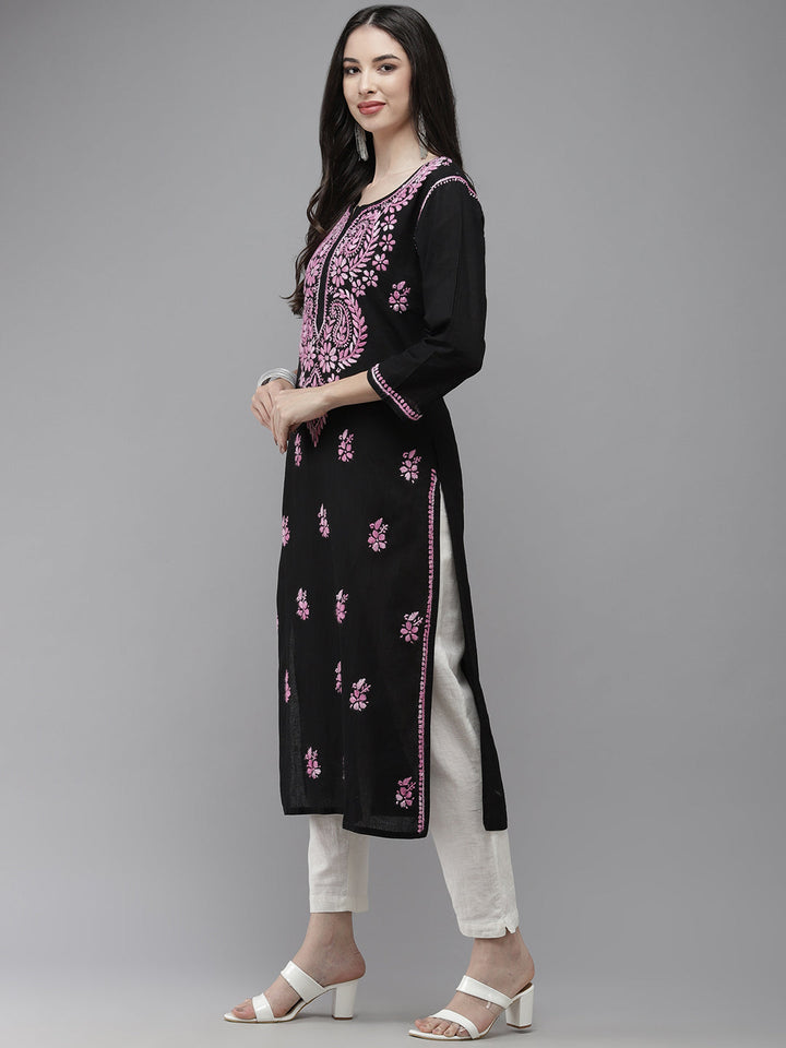 Black &amp; Mauve Hand Embroidered Chikankari Cotton Kurta