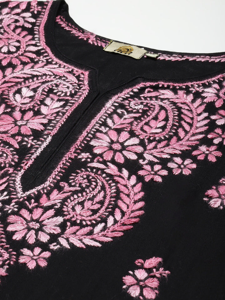 Black &amp; Mauve Hand Embroidered Chikankari Cotton Kurta