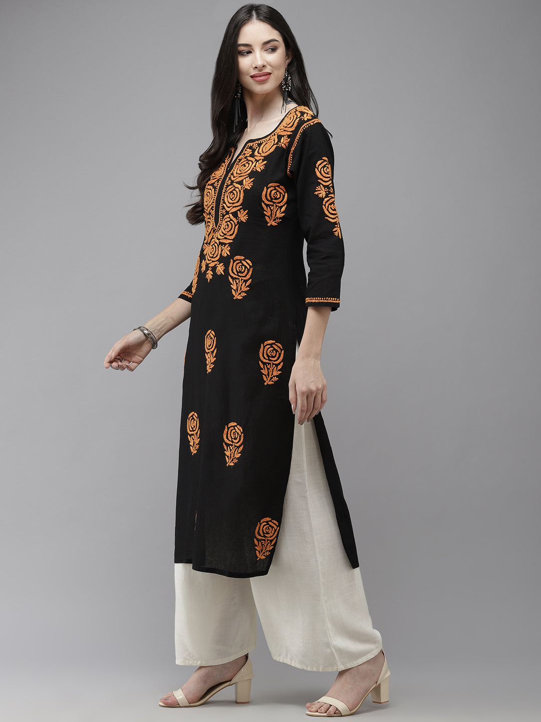 Black & Orange Embroidered Chikankari Cotton Kurta