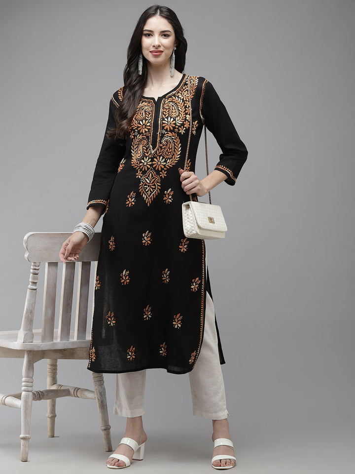 Black & Orange Hand Embroidered Chikankari Cotton Kurta