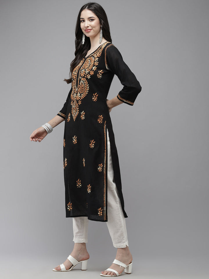 Black & Orange Hand Embroidered Chikankari Cotton Kurta