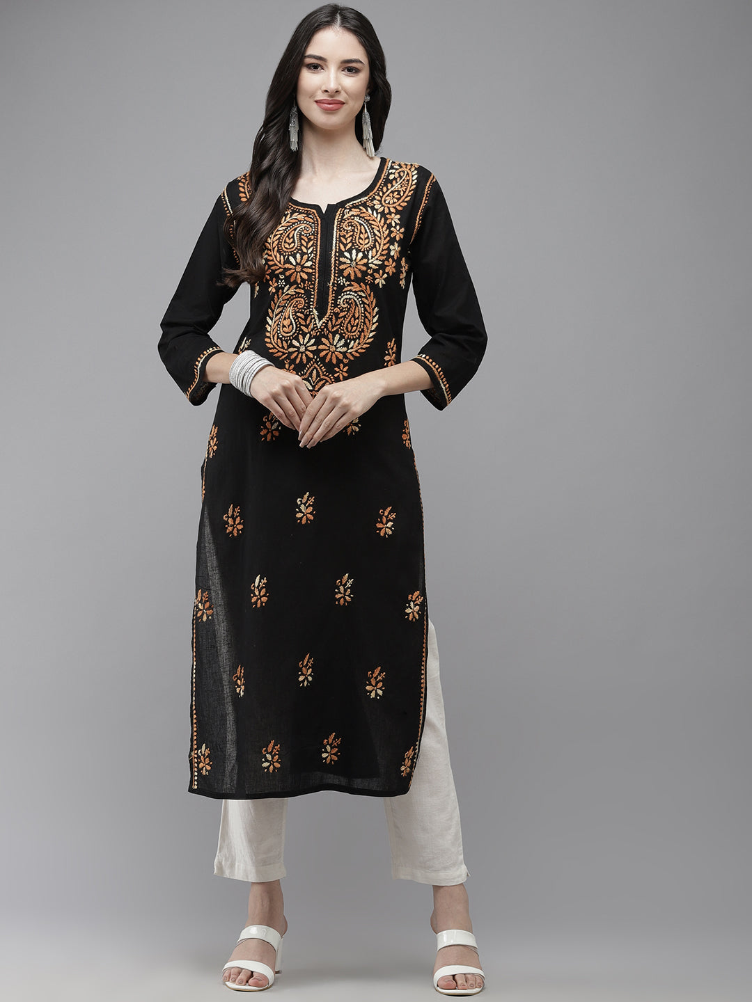 Black & Orange Hand Embroidered Chikankari Cotton Kurta