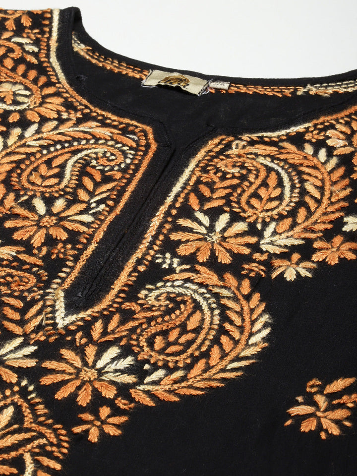 Black & Orange Hand Embroidered Chikankari Cotton Kurta