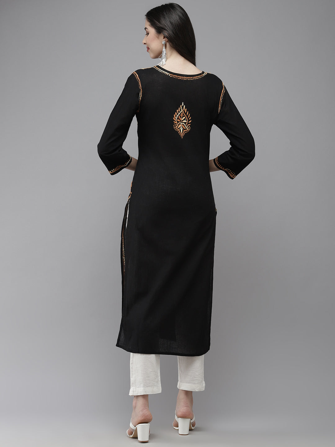 Black & Orange Hand Embroidered Chikankari Cotton Kurta