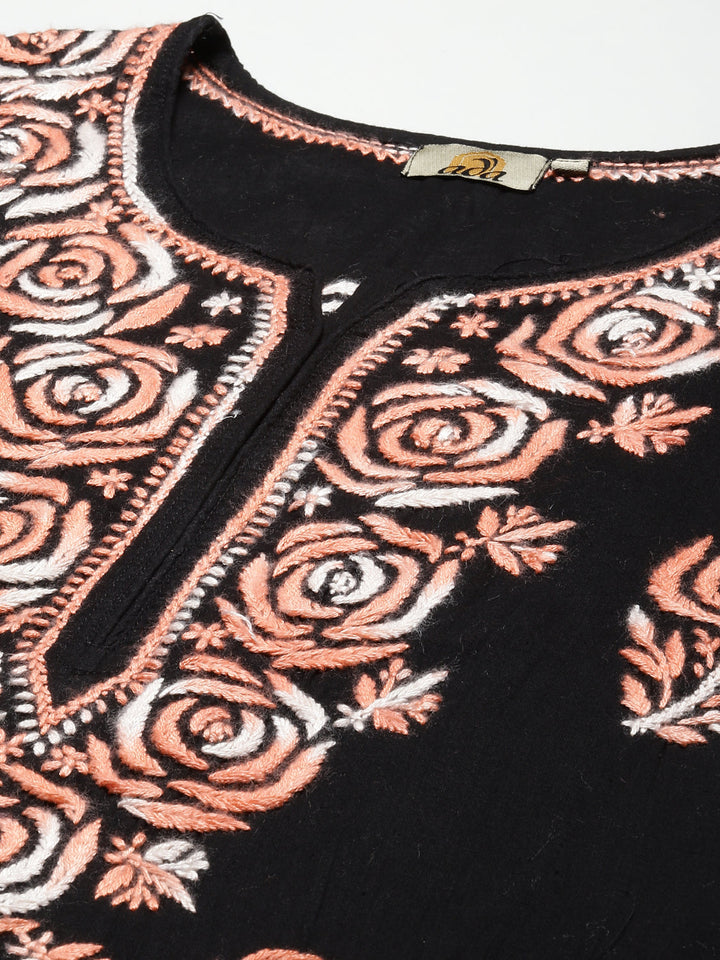 Black & Peach Embroidered Chikankari Cotton Kurta