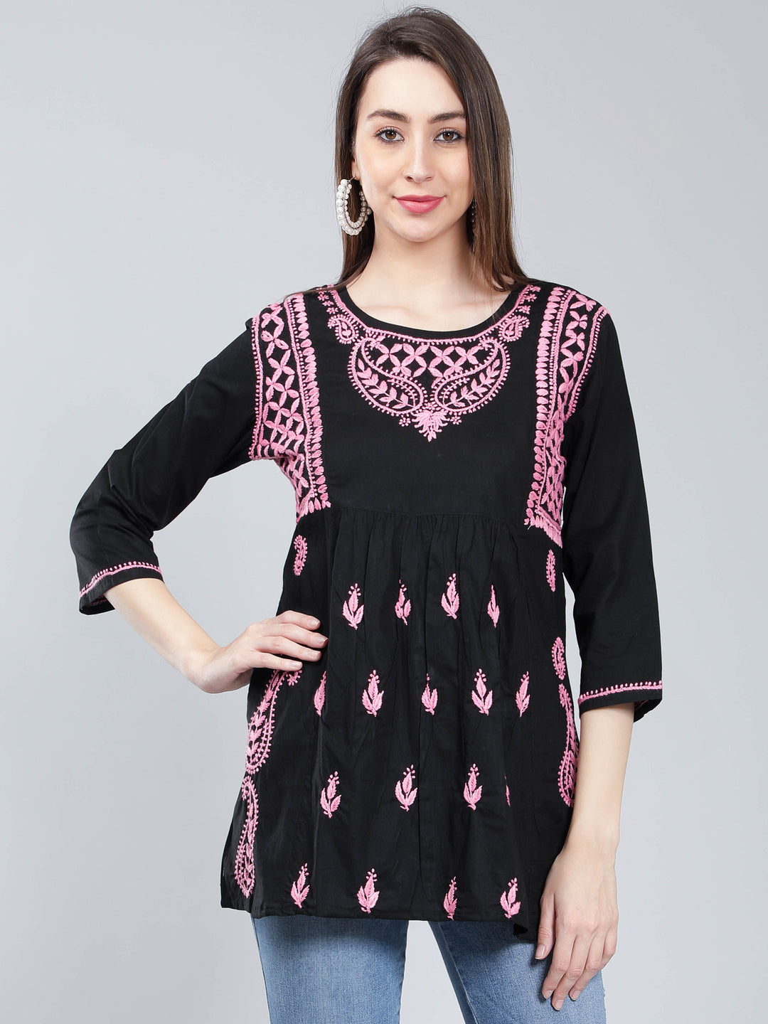 Black & Pink Cotton Chikan Tunic Peplum Top