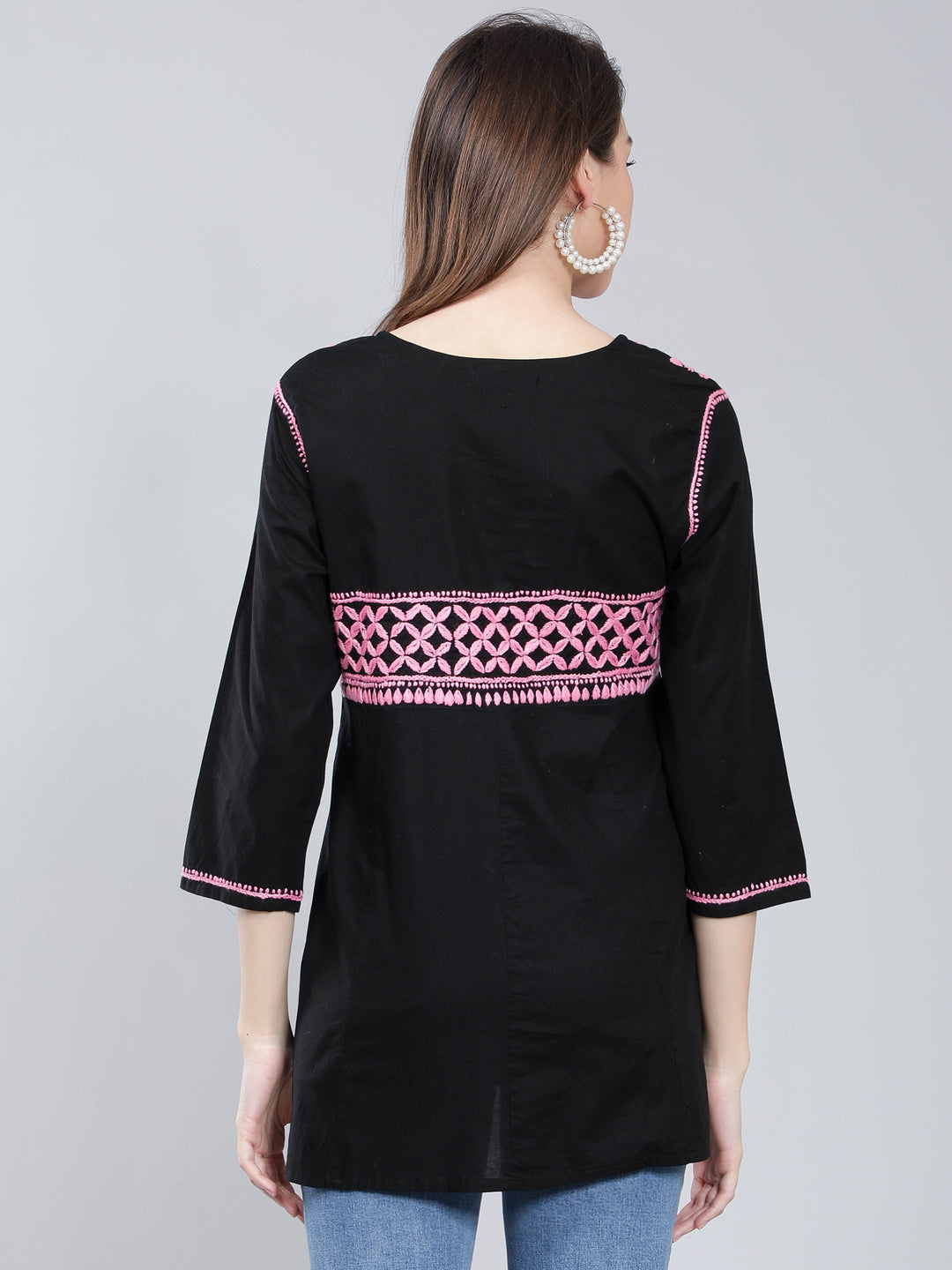 Black & Pink Cotton Chikan Tunic Peplum Top