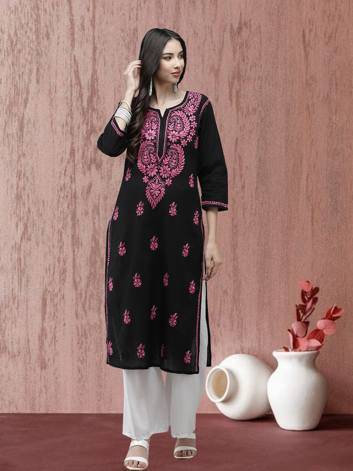 Black & Pink Cotton Chikankari Embroidered Kurta