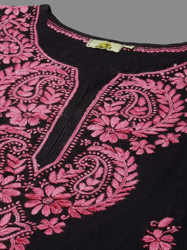 Black & Pink Cotton Chikankari Embroidered Kurta