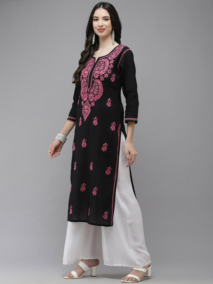 Black & Pink Cotton Chikankari Embroidered Kurta