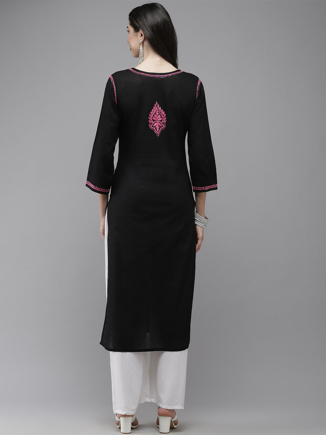 Black & Pink Cotton Chikankari Embroidered Kurta