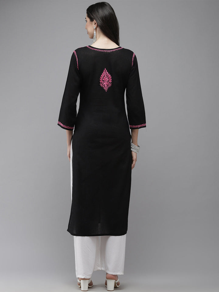 Black & Pink Cotton Chikankari Embroidered Kurta