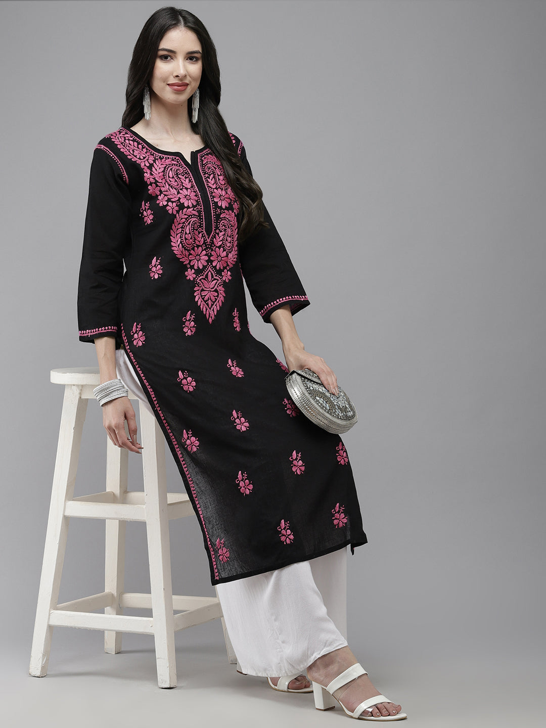 Black & Pink Cotton Chikankari Embroidered Kurta