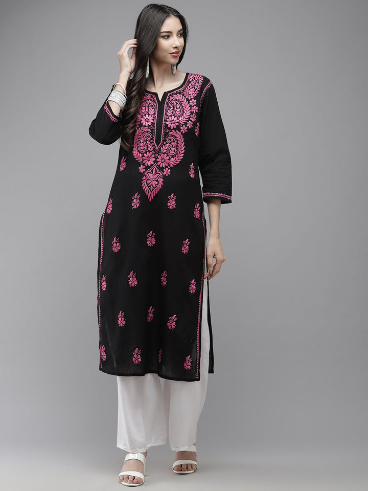 Black & Pink Cotton Chikankari Embroidered Kurta