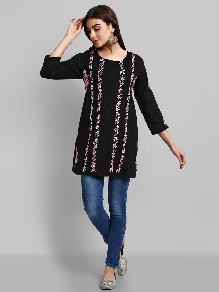 Black & Pink Cotton Machine Woven Chikankari Tunic Shirt