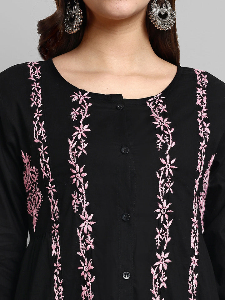Black & Pink Cotton Machine Woven Chikankari Tunic Shirt