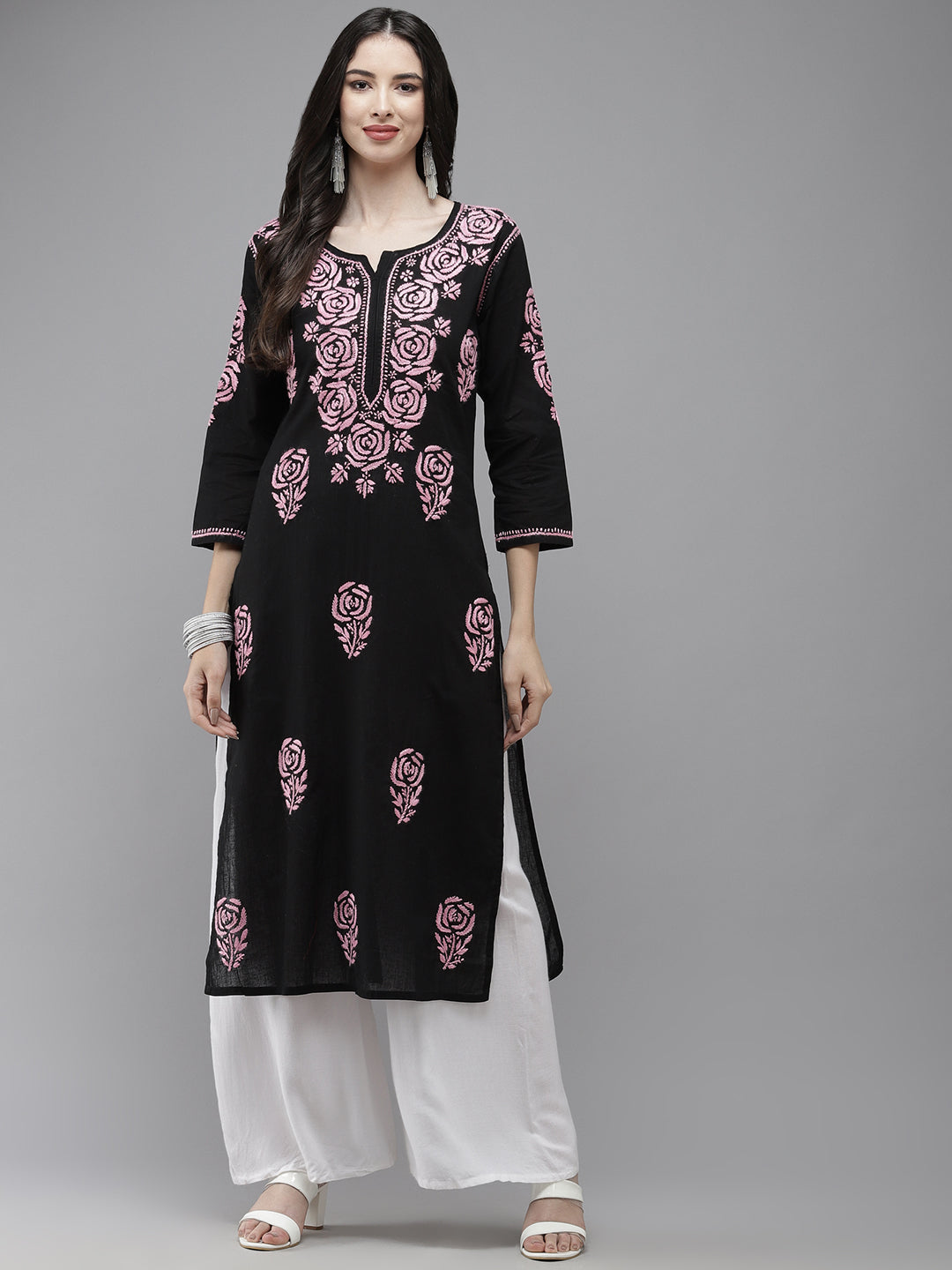 Black & Pink Embroidered Chikankari Cotton Kurta