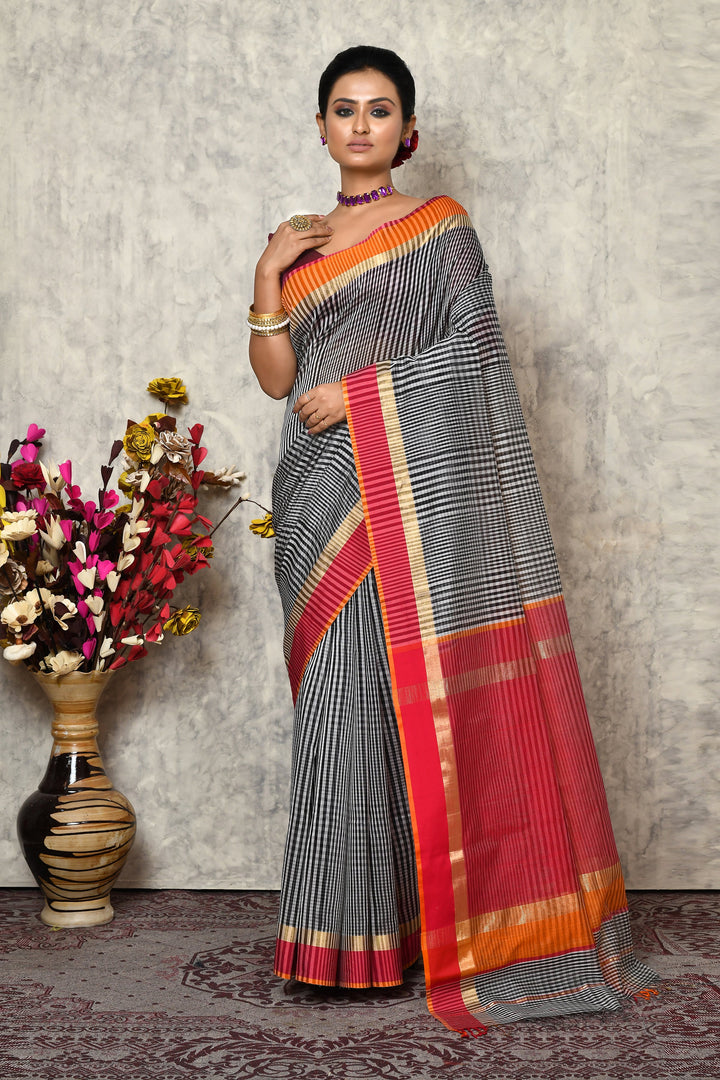 Black & Pink Pure Maheshwari Silk Saree