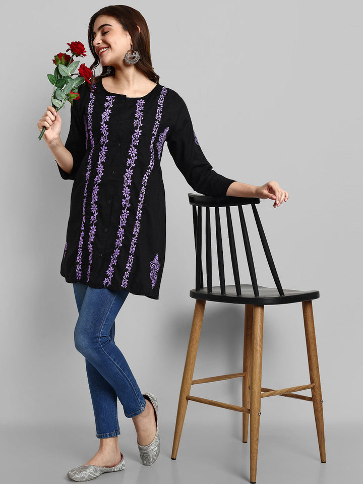Black & Purple Cotton Machine Woven Chikankari Tunic Shirt