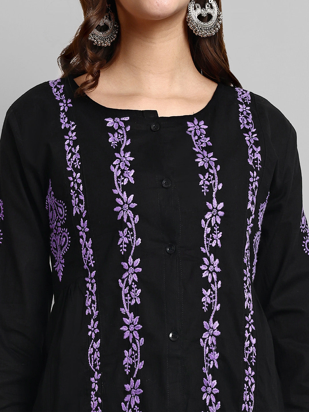 Black & Purple Cotton Machine Woven Chikankari Tunic Shirt