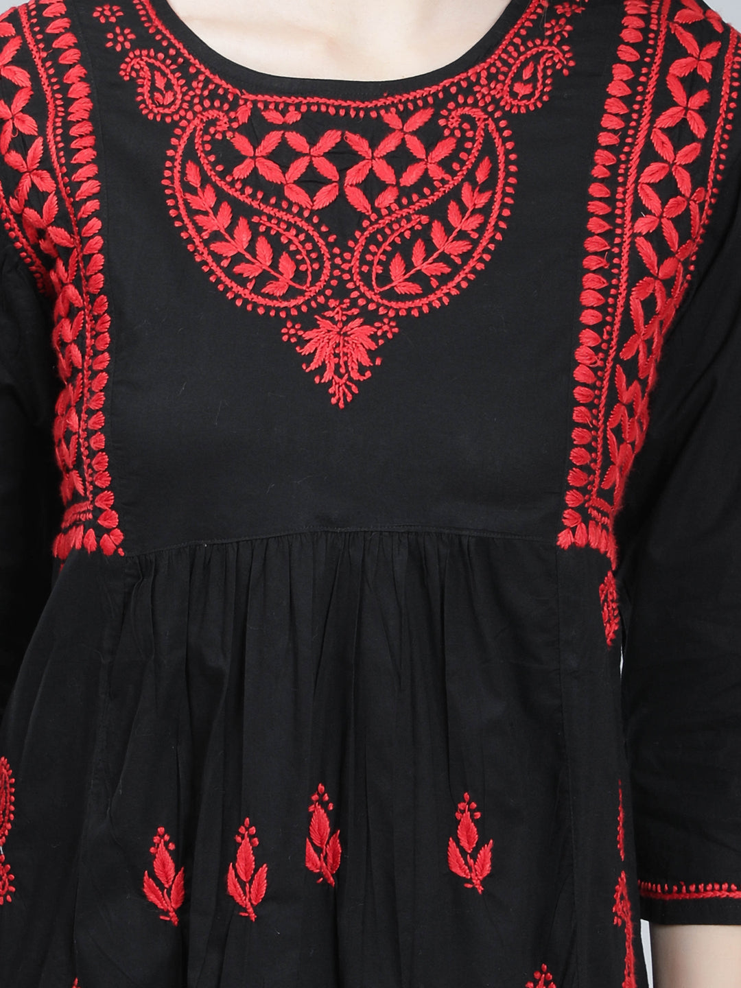 Black & Red Cotton Chikan Tunic Peplum Top