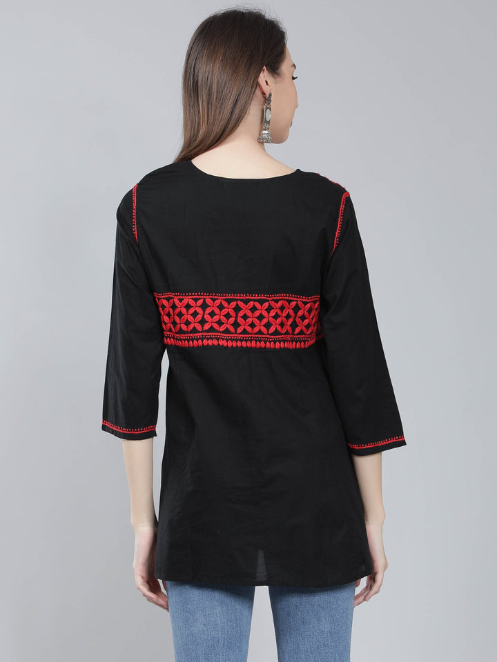 Black & Red Cotton Chikan Tunic Peplum Top