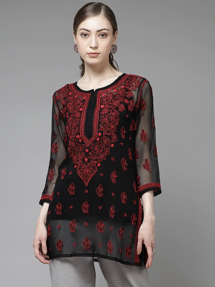 Black & Red Georgette Chikankari Tunic Top