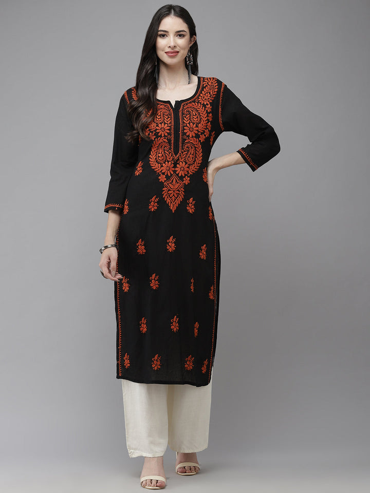 Black & Rust Embroidered Chikankari Cotton Kurta
