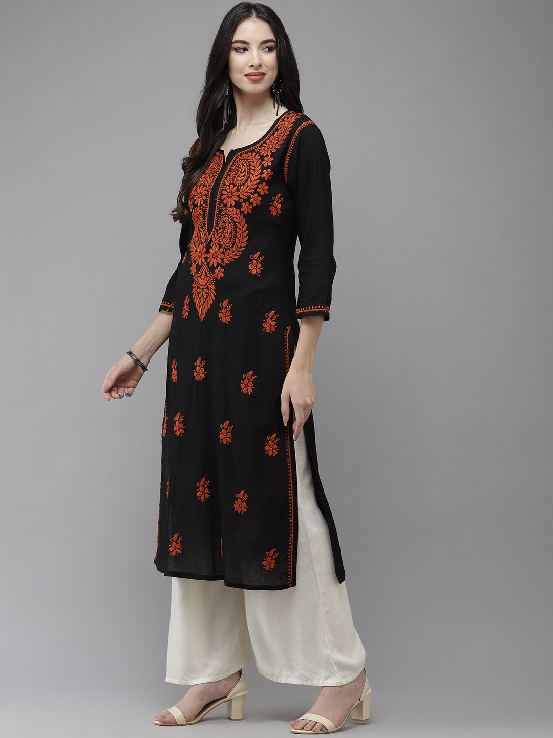Black & Rust Embroidered Chikankari Cotton Kurta
