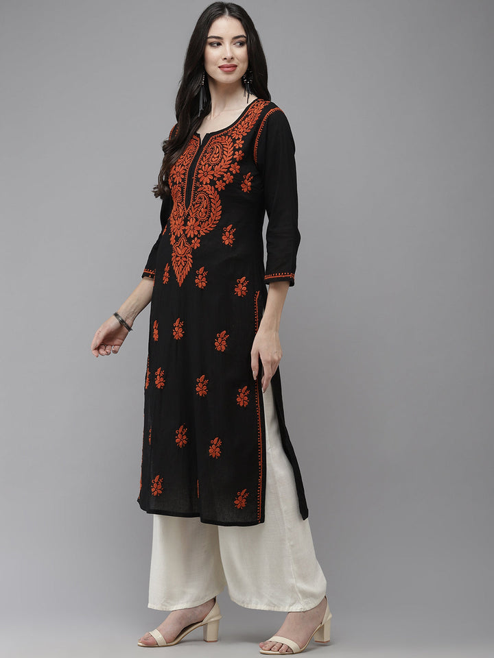Black & Rust Embroidered Chikankari Cotton Kurta
