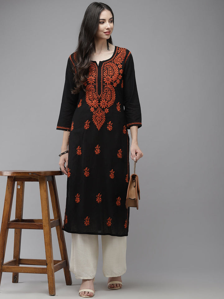 Black & Rust Embroidered Chikankari Cotton Kurta