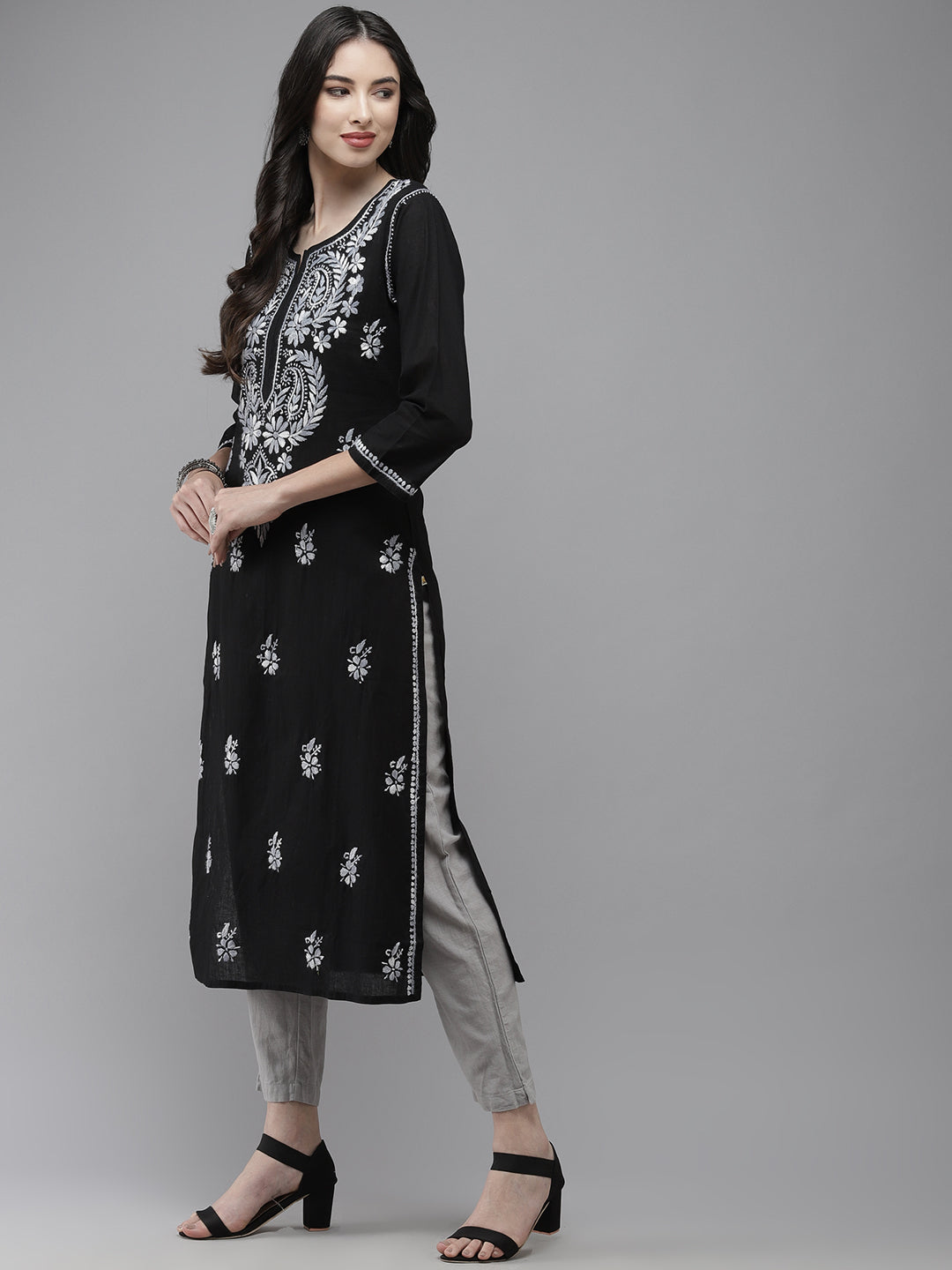 Black & Sliver Embroidered Chikankari Cotton Kurta