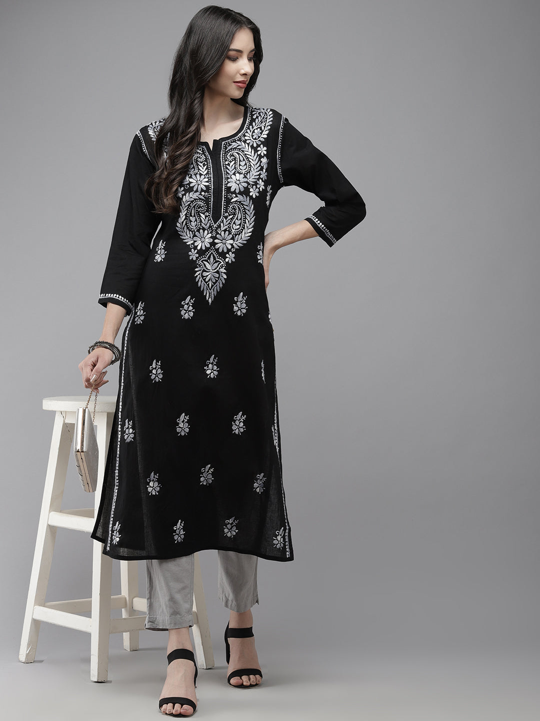 Black & Sliver Embroidered Chikankari Cotton Kurta