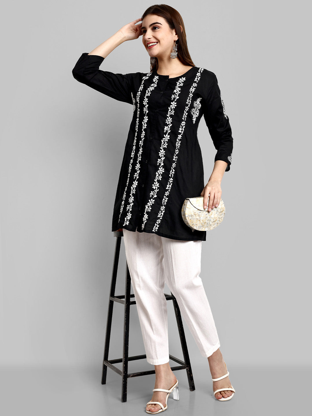 Black & White Cotton Machine Woven Chikankari Tunic Shirt