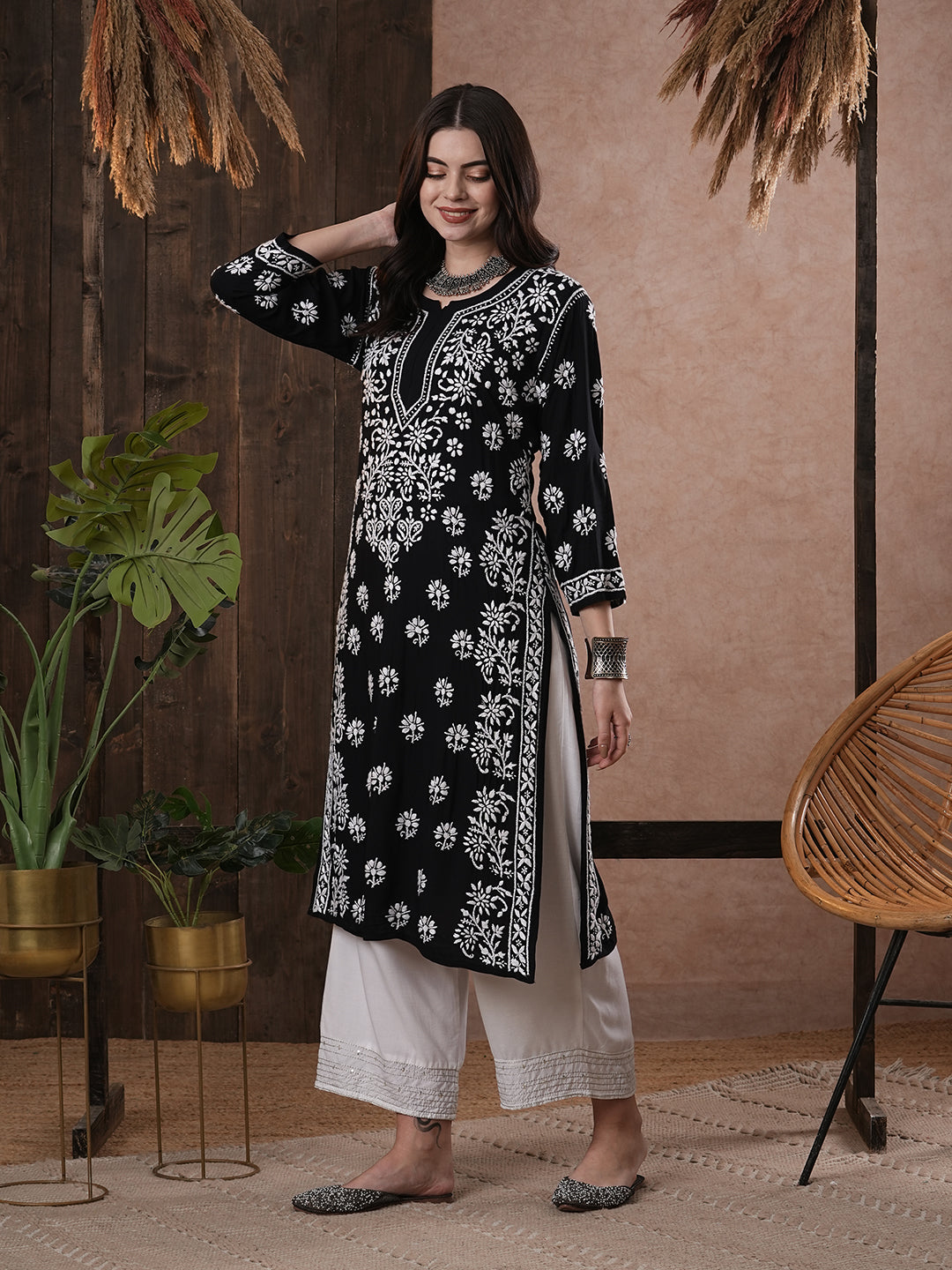 Black & White Hand Embroidered Chikankari Modal Kurta