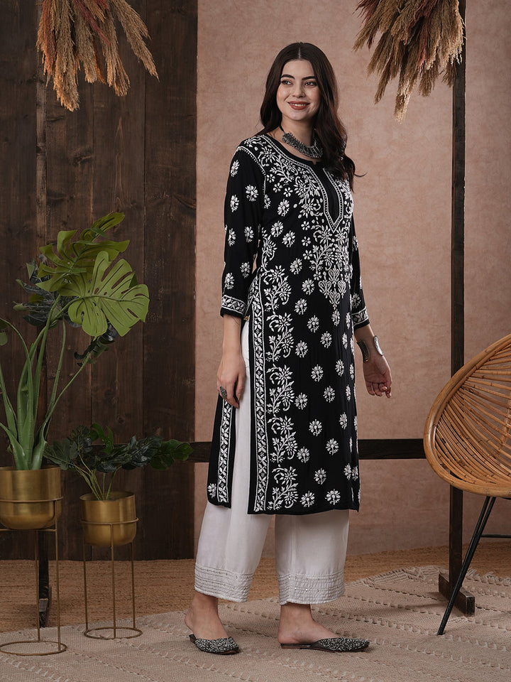 Black & White Hand Embroidered Chikankari Modal Kurta