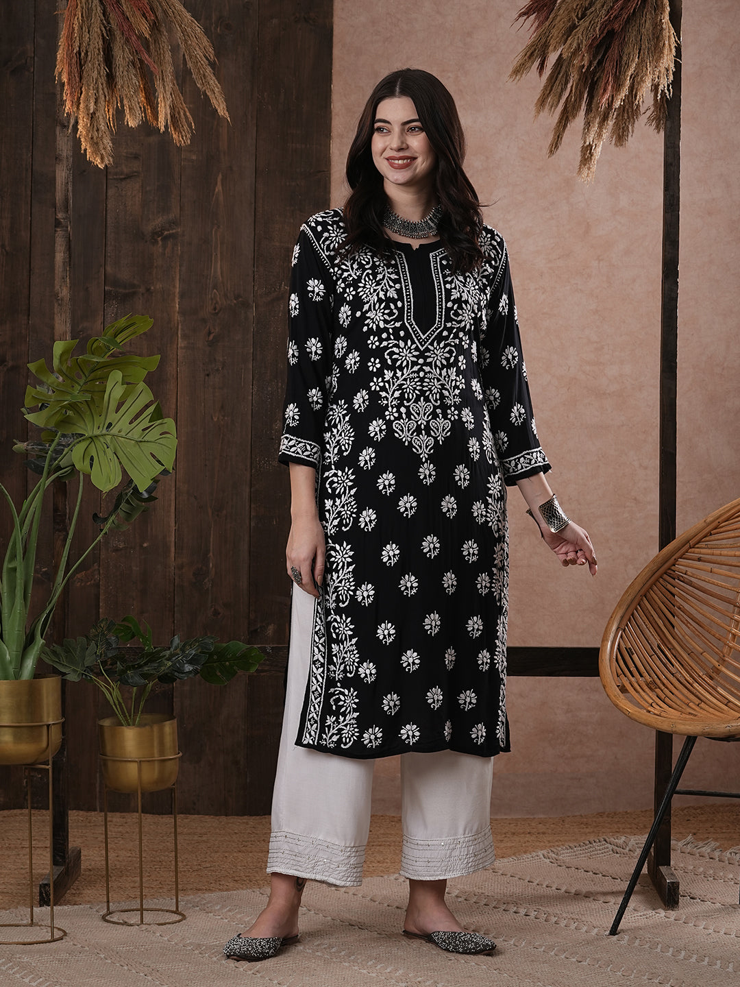 Black & White Hand Embroidered Chikankari Modal Kurta