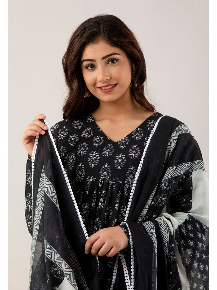 Black & White Kalidar Kurta Set with Dupatta