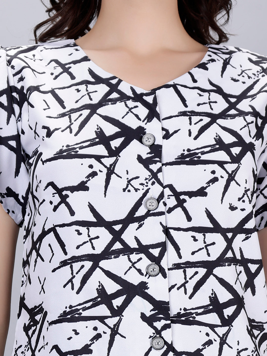 Black & White Silk Crepe Abstract Digital Printed Shirt