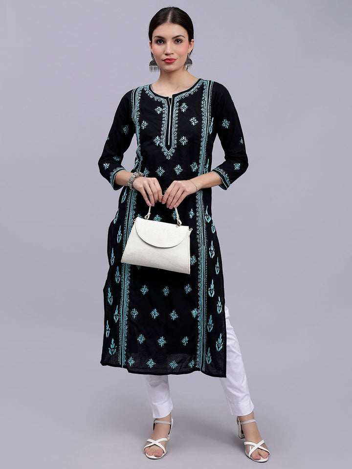 Black in Blue Thread Lucknowi Chikankari Embroidered Kurti