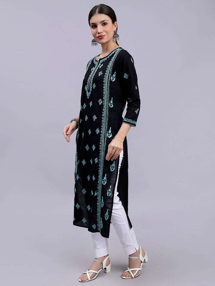 Black in Blue Thread Lucknowi Chikankari Embroidered Kurti