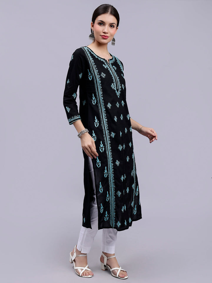 Black in Blue Thread Lucknowi Chikankari Embroidered Kurti