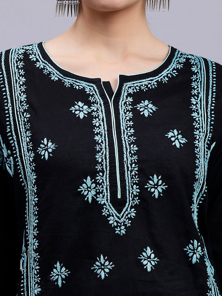 Black in Blue Thread Lucknowi Chikankari Embroidered Kurti