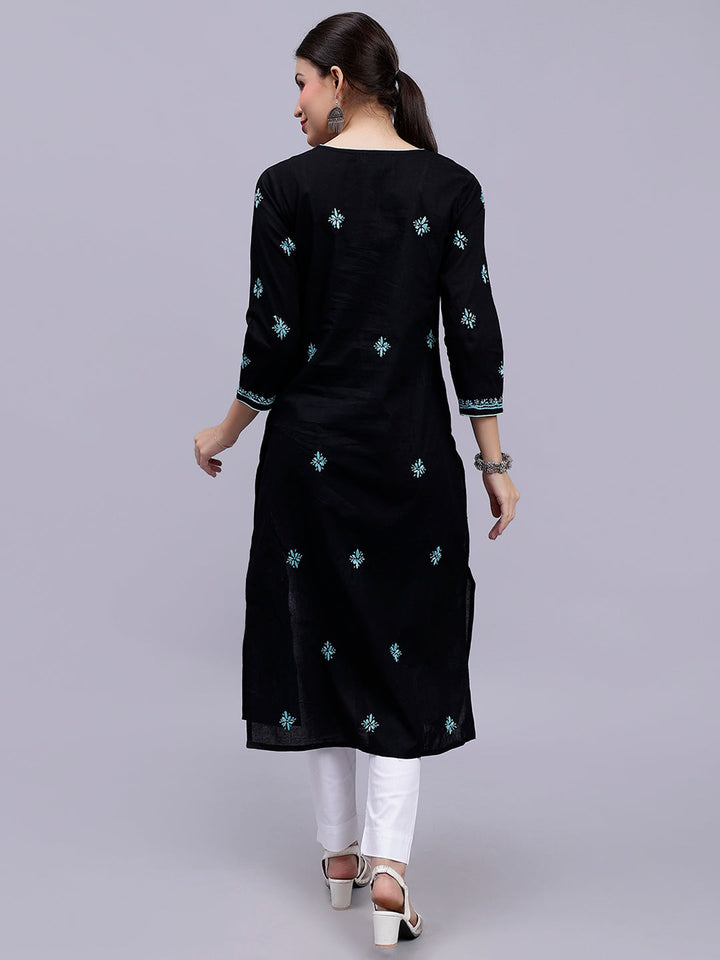 Black in Blue Thread Lucknowi Chikankari Embroidered Kurti